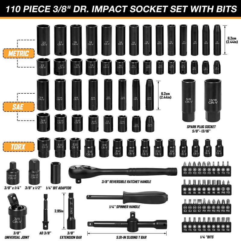 110-Piece Metric 3/8" Drive Impact Socket Set and SAE CR-V