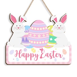 Wooden Easter Decoration Door Wreath for Front Door Sign Wall Signs Rabbit Spring Decoration, Bunny Sign Flower Egg Welcome Hanging for Home Wall Decor Party Outdoor Indoor Supply Happy Easter (Pink)