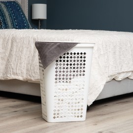 Mind Reader Slim Tapered Laundry Hamper with Lid, Clothes Basket with Swiss Cross Cut-Outs, Lightweight & Ventilated, Plastic, 16.75"L x 12.75"W x 23"H, White