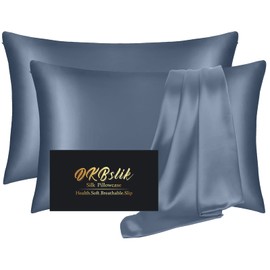 Silk Pillowcase 2 Pack, Natural Mulberry Silk Pillow Case, Anti Acne Silk Pillowcase for Hair and Skin, King Size Silk Satin Pillowcase Set of 2 with Hidden Zipper, Gifts for Women Men, Ash Blue