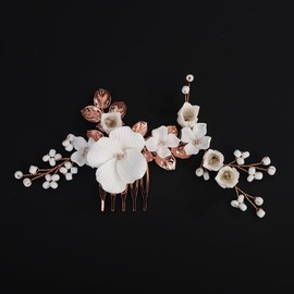 BERYUAN Rose Gold Leaf Flowers Pearls Hair Comb Handmade Leaf Flowers Wedding Hair Comb Pearls Wedding Headpiece Wedding Hairpiece for Women Girls (rose gold)