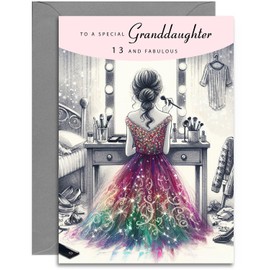 Granddaughter 13th Birthday Card - Elegant Birthday Card for a Special Granddaughter Age 13 with lovely verse inside. A5 with Grey Envelope