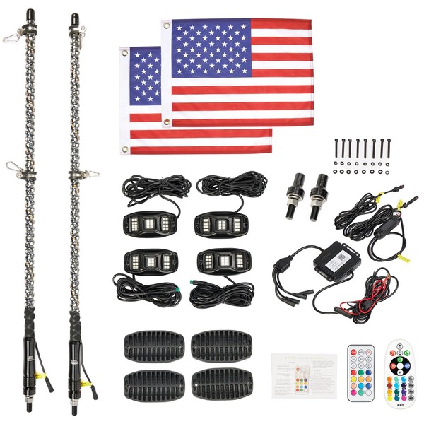 KEMIMOTO 3FT 2PCS Spiral Whip Lights and 4 Pods RGB