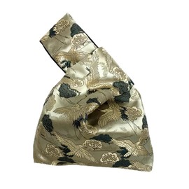 FANCYPUMPKIN Vintage Japanese Yukata Kimono Crane Handbag Wristlet Bag Small Coin Bag Tote Handle Bag Knot Pouch for Women, E-03