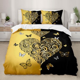 AILONEN Girls Duvet Cover Set Queen Size,Golden Yellow and Black Heart Love Bedding Set,Butterfly Comforter Cover Set for Girls Women, 1 Quilt Cover and 2 Pillowcases, 3 Pieces（No Comforter