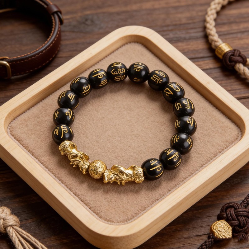 KINLNGEE Dual 24K Gold-Plated Pixiu Black Obsidian Feng Shui Bracelet,10mm