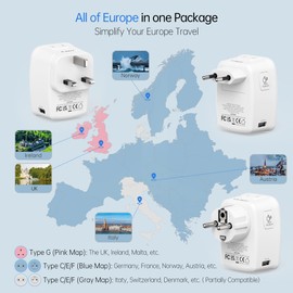 BEONDON European Travel Adapter Kit with Detachable Plugs (C/E/F/G) for UK, France, Germany, Italy, Spain & More - 2 US Outlets & 5 USB Ports (3 USB C) - Multi-Device Charger