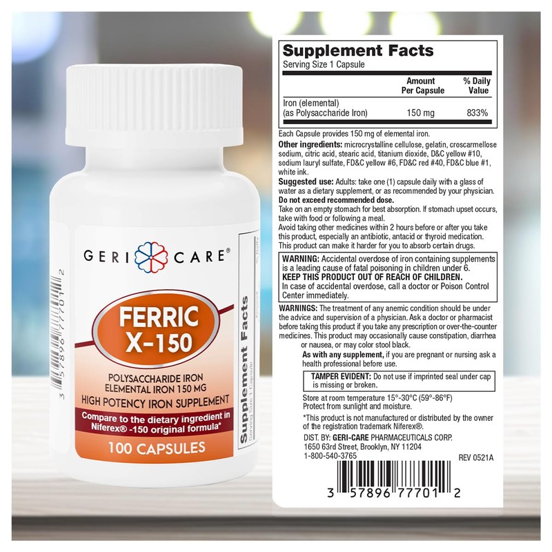 GeriCare Ferric X-150 High Potency Polysaccharide Iron Supplement, Elemental Iron
