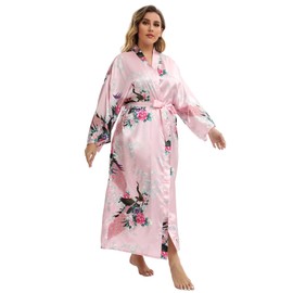 feslieacc Women's Floral Long Satin Robes Plus Size Long Silk Robes Peacock Floral Kimonos Sleepwear Dressing Gown, Peacock | Pink, XX-Large-3X-Large