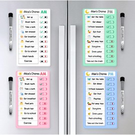 4 Pcs Chore Chart for Kids, Morning/Bedtime Routine Chart, Dry Erase to Do List, Magnetic Checklist, Visual Schedule for Kids (whitepinkbluegreen)