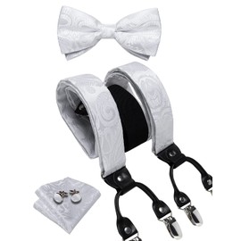 DiBanGu White Bow Tie and Suspenders for Men 6 Clips Adjustable Y Braces Paisley Pocket Square Cufflinks