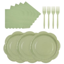 KFJBPB 75 PCS Sage Green Paper Plates and Napkins Party Supplies, Green Scalloped Plates Napkins Forks Disposable Tableware Set for Bridal Baby Shower Wedding Birthday Party Decorations