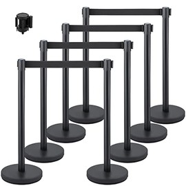 VEVOR Crowd Control Stanchion, Set of 8 Pieces Stanchion Set, Stanchion Set with 6.6 ft/2 m Black Retractable Belt, Black Crowd Control Barrier w/Concrete and Metal Base - Easy Connect Assembly