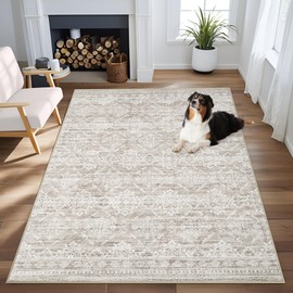 Area Rug 4x6 Geometric Rug: Washable Boho Moroccan Rugs Soft Farmhouse Rug, Modern Neutral Stain Resistant Indoor Floor Carpet for Livingroom Bedroom Dining Table Nursery(Ivory Mocha,4'x6')