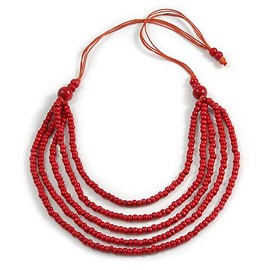 Avalaya Red Multistrand Layered Wood Bead with Cotton Cord Necklace - 90cm Max length- Adjustable