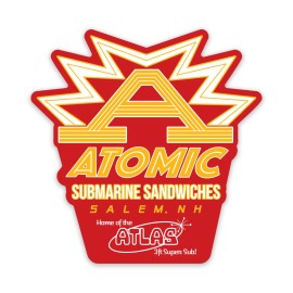 Retro Planet Bumper Sticker; Atomic Submarine Sandwiches Die Cut Sticker, Vintage Sub Shop