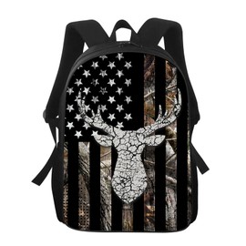 UIACOM American Flag Deer School Backpack USA Hunting Camo Deer Flag Bookbags for Teens Kids Boys Girls, Large Elementary Junior High University School Bag, Casual Travel Daypack Backpack, 17-inch