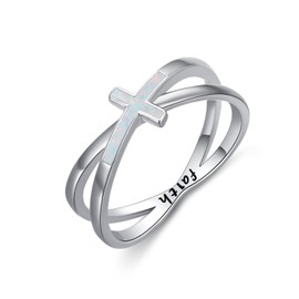 QHQPQ Opal Cross Ring for Women Girls 925 Sterling Silver Religious Cross Rings Purity Christian Jewellery Faith Easter Gifts for Daughter 8 Size