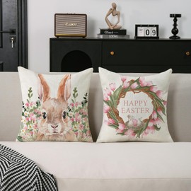 TAJWE Easter Floral Pillow Covers 20x20 Set of 2 Spring Flowers Bunny Holiday Cushion Cases Rabbit Decoration for Home Couch
