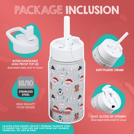 FAHRMOSIS 14 oz Kids Water Bottle | Insulated Water Bottle with Straw & 2 Lids | Reusable Double Insulated Water Bottle - Leakproof Kids Water Bottle for School & Outdoor Activities - White (Winter)