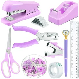 KUANVE Purple Office Supplies and Accessories Kit for Women Desk, Purple Stapler, Tape Dispenser, Staple Remover, Hole Punch, Scissor, Diamond Ballpoint Pen, Tape, Binder Clips, Ruler and 24/6 Staples