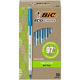BIC Ecolutions Bolgrafos redondos de punta de bola, punta media (1.0mm), paquete de 50 unidades, bolgrafos de tinta azul hechos de 97 de plstico...   