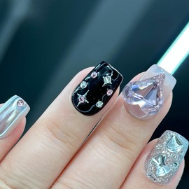 Ricefod Press on Nails Handmade Black Pink Fake Nails Press on False Nails Short Reusable Luxury Nails with Pink Love Diamond, Size:Large