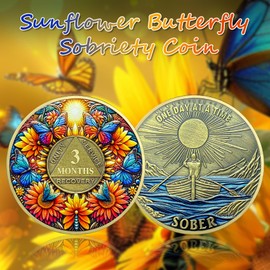 IELCJJ 3 Month Sobriety Coin, Delicate Sunflower Sobriety Chip Colorful Butterfly AA Coin and Medallions One Day at A Time Sober Token Narcotics Alcoholics Anonymous Recovery Gifts for Men Women