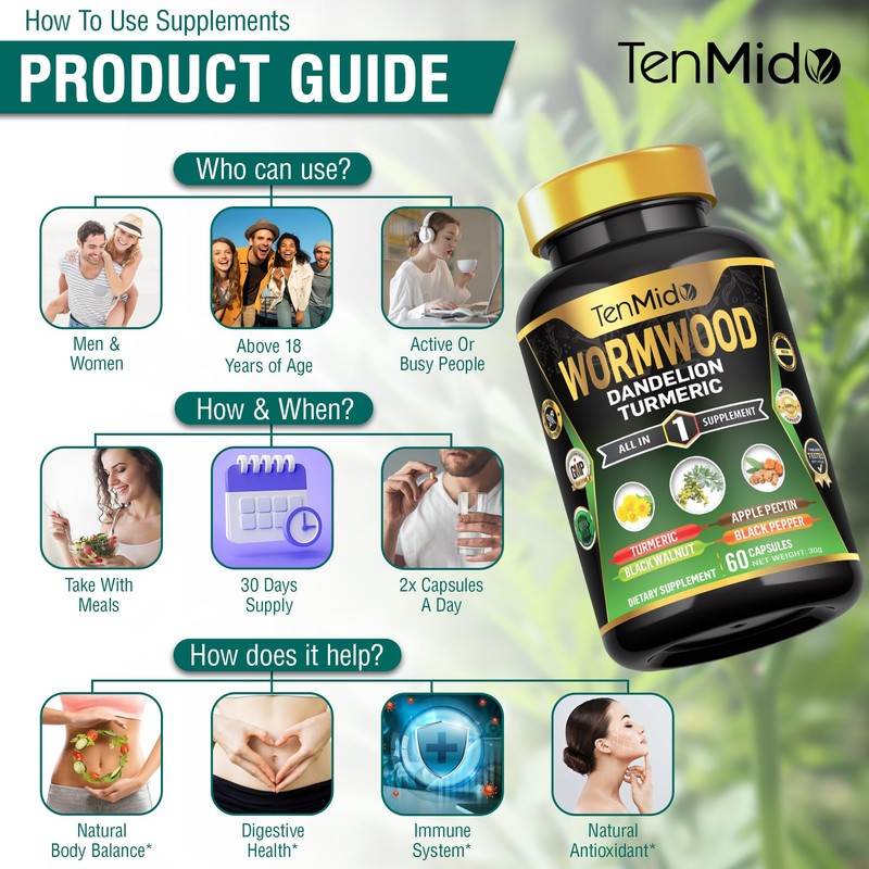 Wormwood Supplement - 6in1 with Dandelion, Turmeric, Black Walnut, Apple