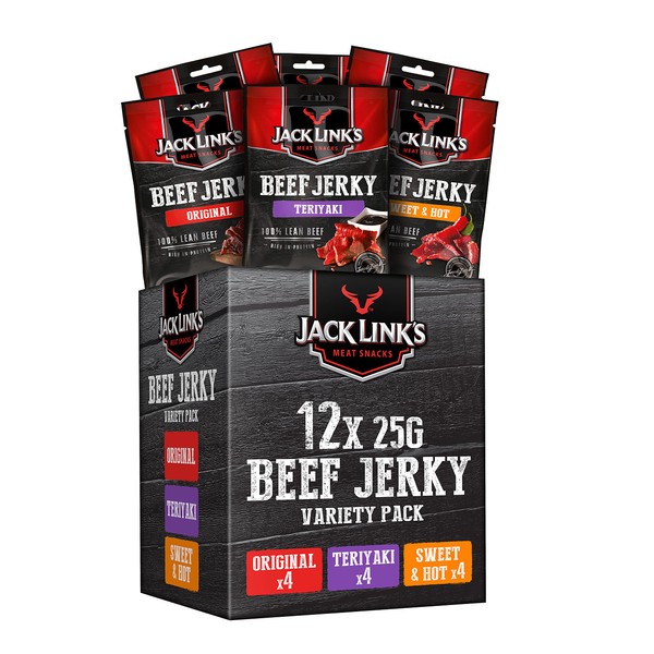 Jack Link's Beef Jerky Mixed Box – Pack of 12 (12 x 25 g) – High Quality Meat Snack – Teriyaki, Sweet & Hot – High Protein Snack – Ideal for Travel, Office or Sports