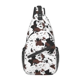NISENASU Cow Print Sling Bag Crossbody Backpack,Rustic Spotted Cow Fur Texture Black Brown Cowhide Adjustable Chest Shoulder Bag Western Farmhouse Animal Skin Travel Daypack