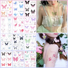 Bethany Home 12 Pcs Pink Green Tattoo Stickers Tattoo Stickers Waterproof Tattoos Fancy Dress Up Tattoos Watercolor Cute Fashion Clavicle Stickers Multicolor (Butterfly-12pcs)
