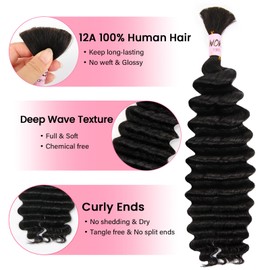 WOWANGEL Boho Braids Human Hair Extensions, Knotless Boho Braiding Hair for Curly Bohemian Styles​,18 Inch Deep Wave Human Hair Bundles (100g),Natural Black(1B#)