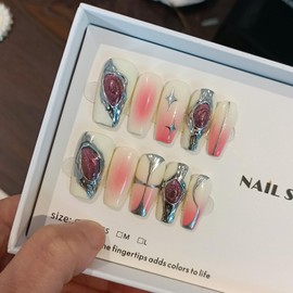 TENPAL 10pcs Coffin Press-On Nails Kit,Punk Metal Glam False Nails with Airbrush Blush Designs,Cat Eye Edgy Gradient Pink Nails with Rhinestones,Hip Hop Goth Chrome Fake Nails Set with Tools(S)