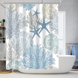 Nkzply 4 Pcs Beach Shower Curtain Blue Bathroom Sets and Rugs Nautical Shower Curtain Sets with Rugs Ocean Shower Curtains for Bathroom Starfish Seashell Bathroom Decor Accessories