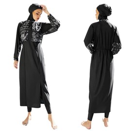 Muslim Swimsuits for Women Modest Islamic Arabic Swimwear Burkini Full Cover Hijab Long Sleeve Muslim Dress Tops + Pants Set with Swim Cap Sun Protection Rash Guard Bathing Suits Black - Split Hem XL