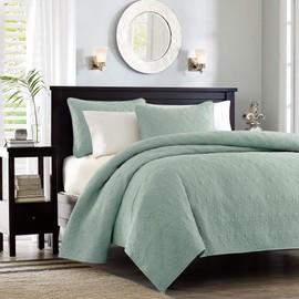 Madison Park Quebec Quilt Set-Luxurious Damask Stitching Design Cotton Filled Lightweight Coverlet Bedspread Bedding, Shams, Twin/Twin XL (68 in x 90 in), Seafoam 2 Piece