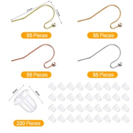 220 Pieces French Earring Hooks Ear Wire Ball Dots in 4 Colors with 220 Pieces Clear Earring Backs Kit for Jewelry Making, 0.86 x 0.43 x 0.75 Inches