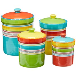 Mariachi 4-Piece Ceramic Kitchen Canister Set – Airtight Colorful Striped Storage Jars with Lids, 24 to 128 oz for Flour, Sugar, Coffee, Snacks & Pantry Organization, Fiesta-Inspired Décor