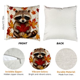 Fall Decorative Throw Pillow Covers, Set of 2 Fall Raccoon Maple Leaf Decorative Throw Pillow Covers Harvest Autumn Thanksgiving Pillowcase for Farmhouse Home Sofa Living Room Decor