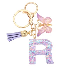 sourcing map Initial Letter Keychains, Resin Cute Butterfly Tassel Pendant Accessory for Women, Alphabet Key Ring for Purse Handbags Backpack, Purple-R