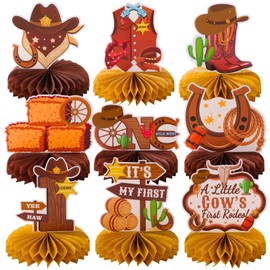 9pcs A Little Cow's First Rodeo Honeycomb Centerpieces Wild West 1st Birthday Party Table Decorations Western Cow Tabletop Centerpieces It's My First Birthday Table Topper Sign Decors for Baby Shower