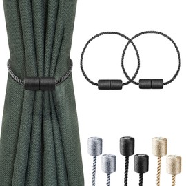 2 Pack Strong Magnetic Curtain Tiebacks with Thicker Twist Rope Decorative Tie Backs Holdbacks for Drapes Window Curtain, Black