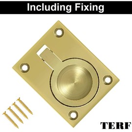 TERF® Traditional Vintage Polished Brass Flush Ring Pull Handle 63mm (2.5 inch) Face Fix Handle Including Fixing Screw for Use Window Cupboard Cabinet Wardrobe Door Gate - Pack of 2