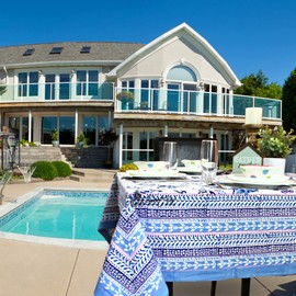 Sweet Us Magnolia Floral Cotton Block Print Tablecloth and One Gray Napkin, Floral Kitchen Dining Table Cloth, Table Cover for Indoor and Outdoors, Rose Bébé, 60 x 60 in