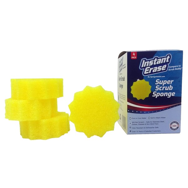 Instant Erase Super Scrub - Paquete de 4 almohadillas de esponja – Antiarañazos y seguras para múltiples superficies – Firme en agua fría y suave en agua tibia – Fabricado en los Estados Unidos