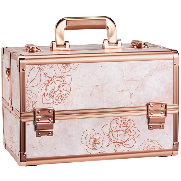 Joligrace Makeup Train Case Professional - 13.5 Inch Portable Artist Lockable Aluminum Cosmetic Organizer Storage Box with 4 Fixed Dividers Trays 2 Locks and Shoulder Strap Rose Gold