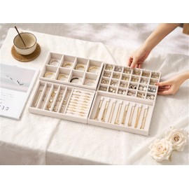 Velvet Jewelry Drawer Organizer Trays – Beige Stackable Jewelry Storage Inserts Set, 4-Layer Jewelry Tray Set for Earrings, Rings, Necklaces, Bracelets with Removable Dividers for Dresser & Vanity