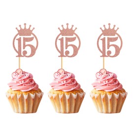 Unimall Pack of 24 Rose Gold Glitter Number 15 Cupcake Toppers with Crown 15th Birthday Party Cupcake Toppers Fifteen Years Old Birthday Children Mis Quince Party Decoration