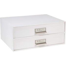 Bigso Birger 2-Drawer Fiberboard Label Frame Document Letter Box | Desktop Drawers for Loose Papers, Documents, and More | Desktop Storage Drawers with Metal Label Holder | 13.1” x 10” x 5.7” | White